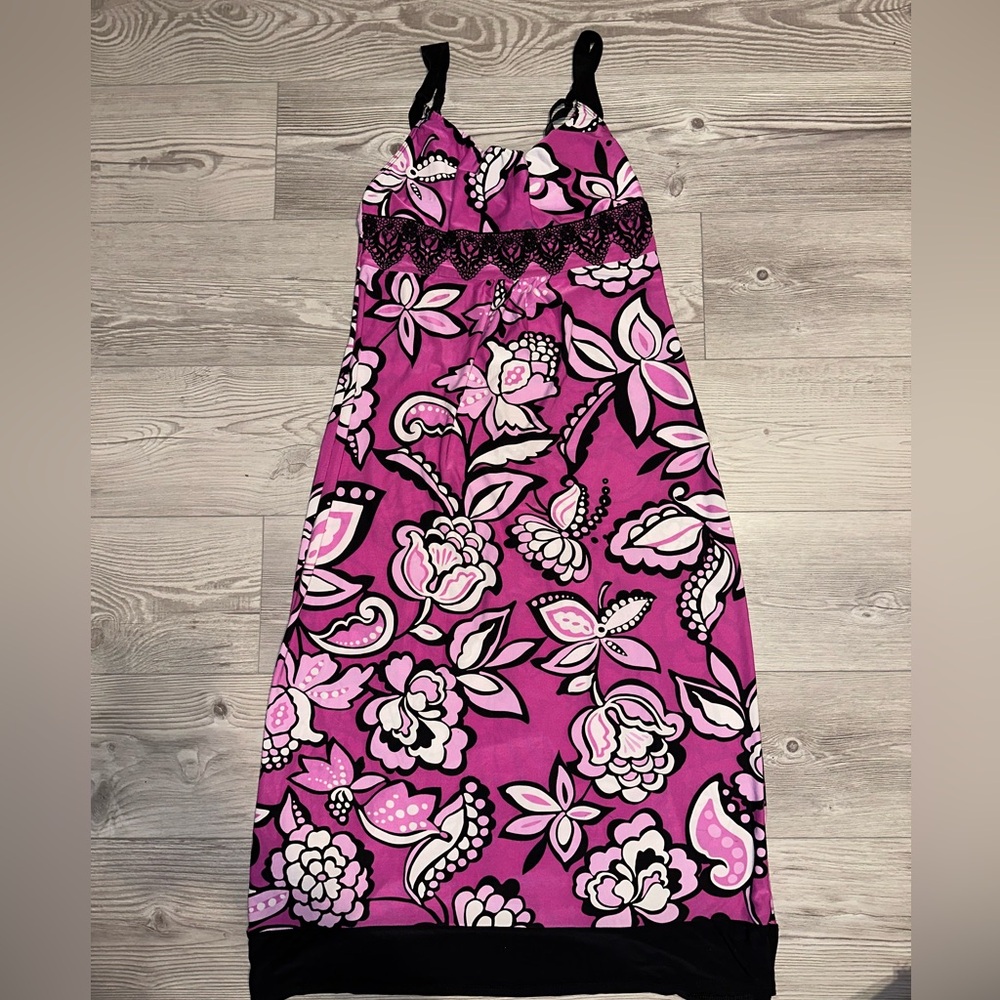 Vintage Y2K Bisou Bisou Intimates Pink Black Floral Maxi Dress, Size S